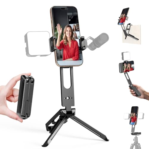 ZOINSHOT All Metal Foldable Pocket Phone Tripod Stand & Selfie Stick, Mini Travel Vlogging Tripod with 360° Rotation Phone Holder, Dual Cold Shoe, 1/4" Screw & Arca-Swiss, Fits iPhone & Android