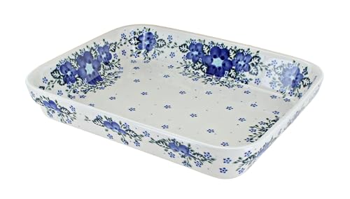 Blue Rose Polish Pottery - Blue Melanie Small Rectangular Baker - 10.25" x 8" - Unique, Dishwasher Safe, & Durable Bakeware