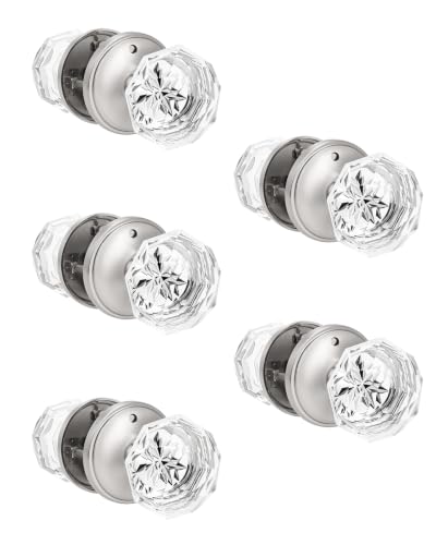 Orger 5 Pack Privacy Door Knobs, Clear Glass Door Handles with Satin Nickel Finish, Crystal Interior Door Handles for Bed/Bathroom, Zinc Alloy Round Rosette