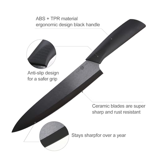 YUSOTAN Ceramic Chef Knife-8" Ceramic Knife with Sharp Ceramic Blade,with Cover and Box-Versatile Kitchen Chef's Tool for Cutting, Slicing, Dicing, Chopping-Ideal for Vegetables and Fruits (Black) — view 3