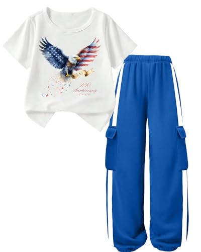 Image of Girls 2 Piece Outfit, Graphic Short Sleeve T-Shirt and Cargo Jogger Sweatpants Set, Ages 4-13