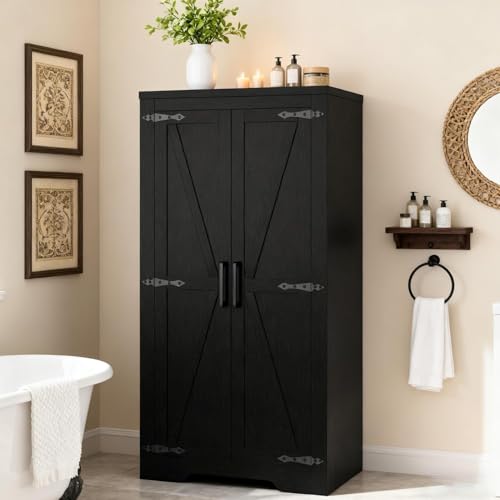 Befrases 47" Kitchen Pantry Cabinet, Farmhouse Kitchen Pantry Storage Cabinets with 2 Door and 2 Adjustable Shelves, Freestanding Cupboard for Dining Room, Living Room, Bathroom (Black)