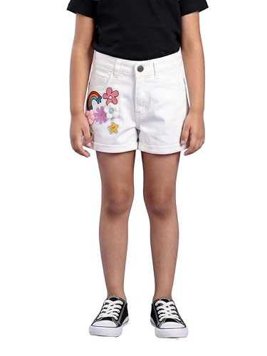 Image of KiddoPanti Girls Tight Length Rollup Denim Shorts with Lavender and Pink 3D Crochet Flowers