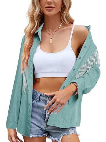 Image of MYMORE Womens Sparkly Fringe Shirt Western Cowgirl Country Concert Outfit