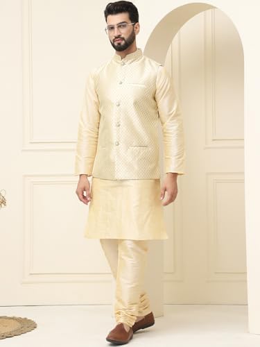 Image of SOJANYA (Since 1958 Men's Silk Blend Kurta Pyjama With Self Design Nehru Jacket