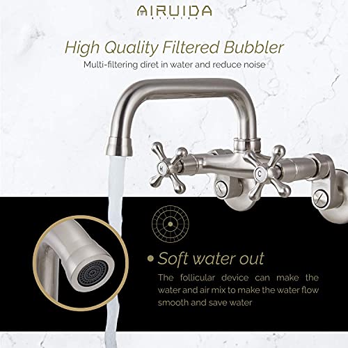 Airuida Matte Black Wall Mount Kitchen Faucet 6 Inch(15Cm) Spout Reach Adjustable Center Double Cross Handles Matching With Freestanding Bathtub Faucet Brushed Nickel Floor Mount Waterfall Tub Filler #TOP3