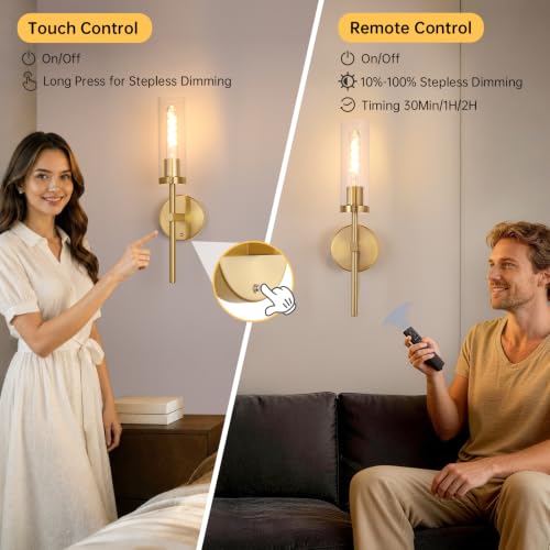 Image of Shenmoyl Battery Operated Wall Sconces Set of 2, Gold Rechargeable Wall Lighting Fixtures, Dimmable Wall Lights with Remote & Clear Glass Shade for Living Room, Bathroom,Bedroom
