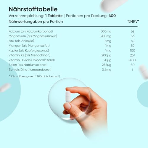 Kalzium Magnesium Zink - 400 Tabletten - 1+ Jahr - 500mg Calcium pro Tagesdosis - 1 vegane Tablette Pro Tag - Mit Mangan, Vitamin D3 K2, Bor, Selen, Kupfer - Frei von Magnesiumstearat - WeightWorld
