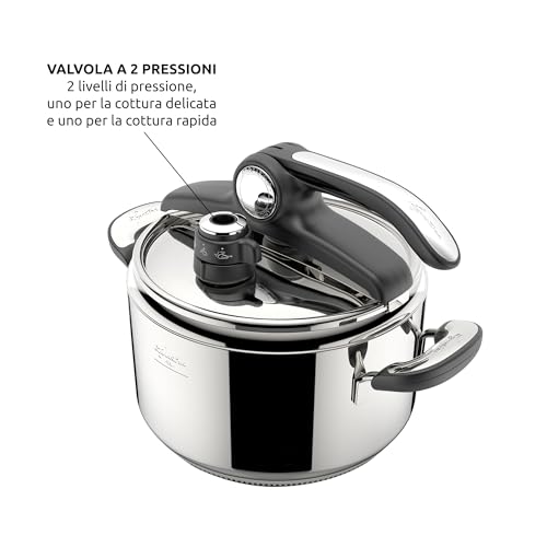 Lagostina Novia Vitamin Lagoeasy'UP Pentola a Pressione 7 L in Acciaio Inox 18/10 Ø 22 cm, Pentola Induzione e Gas, Coperchio con Apertura Facilitata, Inclusi Cestello, Ecodose e Ricettario