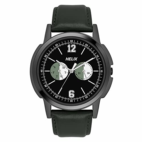 Image of Helix by Timex Analog Watch for Man with Black Round Dial & Green Leather Strap Band Water Resistant Men's Wrist Watches - TW050HG02