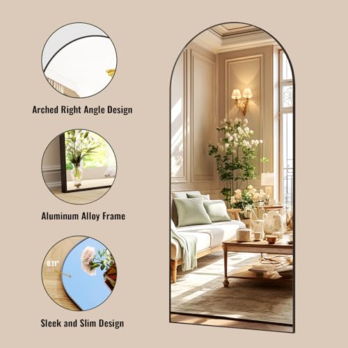 30x71 Arched Full Length Mirror Floor Mirrors with Aluminum Alloy Frame Free-Standing Wall Mounted Floor Mirrors or Large Dressing Mirror, Black Mirror Full Length