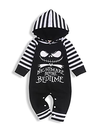 Image of TUEMOS My First Halloween Baby Boy Girl Clothes Nightmare Before Bedtime Print Stripe Hoodie Bodysuits Baby Boy Girl Halloween Outfit, Black, 0-3M