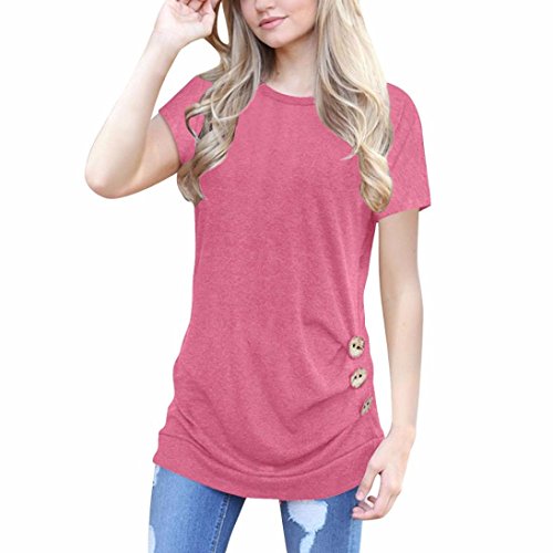 Women Loose Button Trim Blouse Ruched Top Solid Long Sleeve Round Neck Tunic T-Shirt (L, Pink)