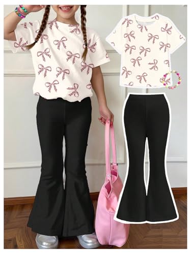 Verdusa Conjunto de 2 peças com laço fofo, gola redonda, manga curta e calça rodada, Preto, bege, 9Y