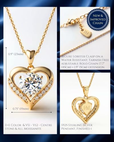 Moissanite Necklace for Women | 2 - 3 Carat Gold Heart Pendant | 14K Gold Plated Sterling Silver Pendant | Gold Necklaces for Women | Moissanite Jewelry | Anniversary Birthday Gift for Wife Girlfriend - Image 4