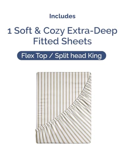 Image of Extra Deep Flex Top Split Head King Fitted Sheet - Hotel Luxury Single Fitted Sheet Only - Easily Fits 18 inch to 24 inch Mattress - Ultra Soft, Wrinkle Free w /Extra Deep Pockets - Beige Stripes 2