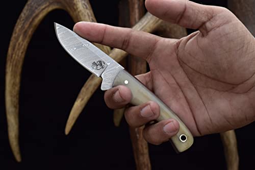 Knives Ranch Handmade Damascus Steel Full Tang 6-1/2" Overall Length Finger Groove Knife With Sheep Bone Handle Fine Quality Horizontal/Cowboy Leather Sheath Snug Fit (3055-B) #TOP5