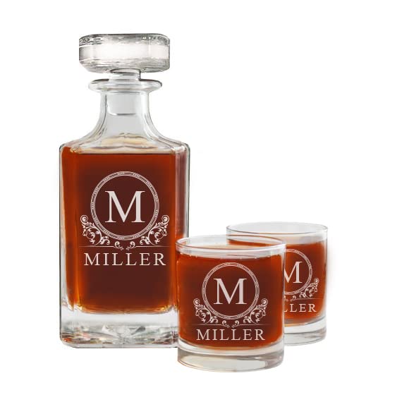 Personalized Whiskey Decanter Set With Glasses, Custom Whiskey Decanter, Whiskey Glasses, Husband, Boyfriend Gift, Gift for Men, 4 Design Options, 26 oz. (750ml) (Decanter + 2 Glasses)