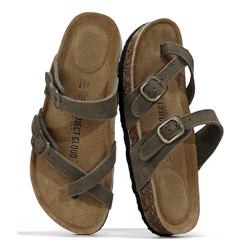 Image of Project Cloud 100% Genuine Leather Womens Sandals -Lightweight Womens Slides Memory Foam Insole & Cork Footbed Sandals Women - Non-Slip Beach Essentials Summer Sandals for Women 2026 (Lian)