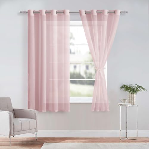 DWCN Blush Pink Sheer Curtains with Tiebacks Semi Transparent Voile Grommet Curtains Elegant Window Curtains for Bedroom and Living Room,2 Panels,W52 x L63