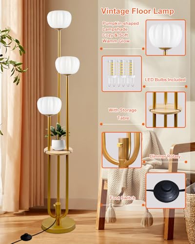 Image of Gold Floor Lamp with Table, Modern Dimmable Floor Lamps with Pumpkin Lampshade, 3000K Soft Warm White Bulbs Included, 3-Light Tall Standing Lamp with 5Lbs Heavy Base for Living Room /Bedroom