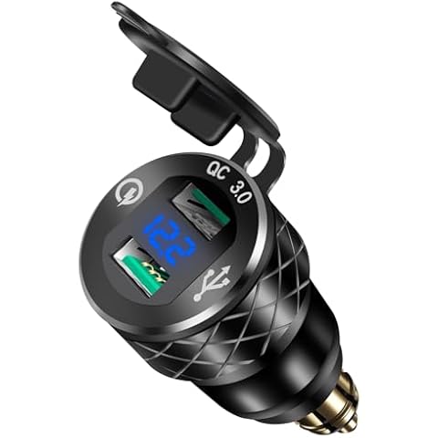 Din Hella Plug to USB Charger Adapter, 36W QC3.0 Motorcycle USB Charger Outlet for 12V-24V BMW Triumph Tiger Ducati, Waterproof Aluminum Dual Phone Fast Charge Port Powerlet with LED Voltmeter Display Cover