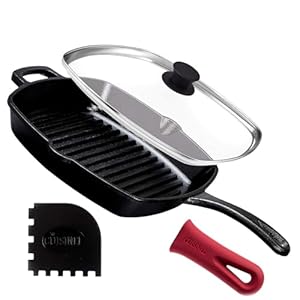 Cuisinel Cast Iron Square Grill Pan + Glass Lid + Pan Scraper + Handle Cover – 10.5″ Pre-Seasoned Ridged Skillet – Grill, Stovetop, Fire, Indoor/Outdoor Use – for Grilling, Frying, Sauteing