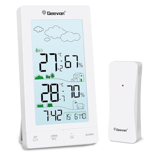 Geevon DCF Wetterstation Funk mit Außensensor, Digital Thermometer Innen Aussen Wetterstationen Innen und Außentemperatur Funk mit Wettervorhersage (245593 ohne Batterie)