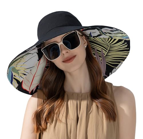 Super Wide Brim Sun Hat for Women Packable Reversible Double-Side-Wear Hats UV Protection Summer Beach Bucket Cap Black