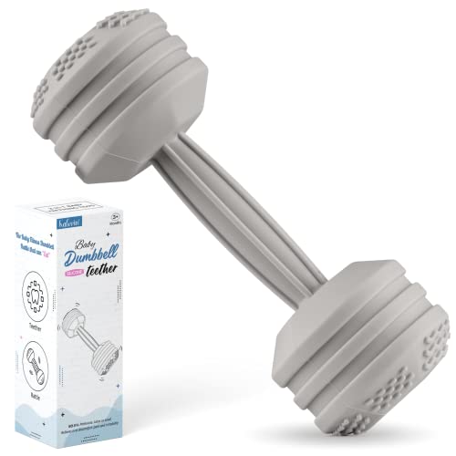 Image of Baby Dumbbell Silicone Teether - Weight Rattle Sensory Toy for Babies and Toddlers - Great Gift for Girls or Boys (Gray)