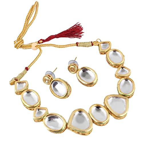 Image of Lucky Jewellery Back Meenakari 18k Gold Plated White Color Triangular Shape Earring Combo Jewellery Set Uncut Dibbi Kundan Choker Necklace for Girl's & Women
