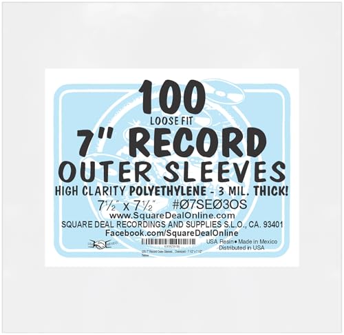 Square Deal Recordings & Supplies (100 pack) 7 inch Loose Fit 45rpm Record Outer Sleeves - Heavy Duty 3 Mil Thick Soft Polyethylene - 7-1/2