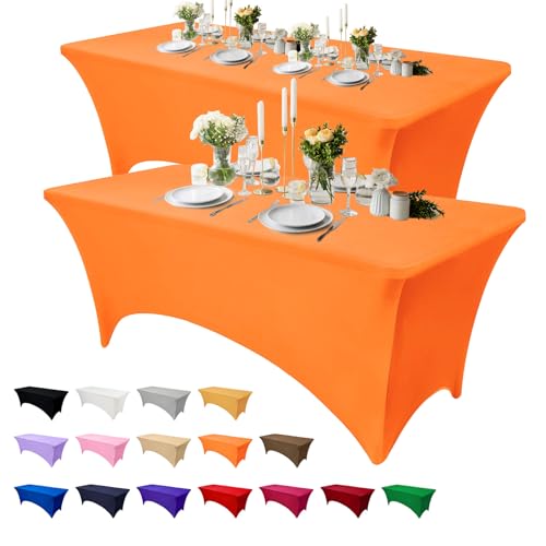 Fulliris 6FT Spandex Tablecloth (72"x30") – Stretch Fitted, Wrinkle-Free & Reusable Cover for Wedding, Party, Banquet, Holiday & Event Decor (Orange, 6 ft - 2 Pack) by Fulliris - Used condition - US$20.97