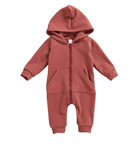 EYIIYE Baby Boys Boys Girls Long Sleeve Romper Solid Color Button Bodysuit Infant One-Piece Jumpsuit Newborn Hooded Outfits (#4Red, 3-6M)