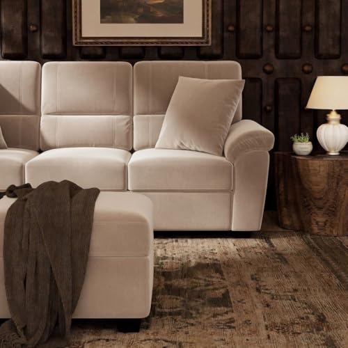 Image of Anderson 6 Seater Fabric Sofa Set (3+2+1) with Storage Ottoman Beige, Premium Velvet Finish Upholstery, Solid Wood Frame, High Density Foam Cushions, Modern Living Room Furniture
