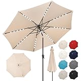FLAME&SHADE 9' LED Light Patio Umbrella Outdoor Market Style with Solar Lights and Tilt for Outside Balcony Table or Deck, Beige