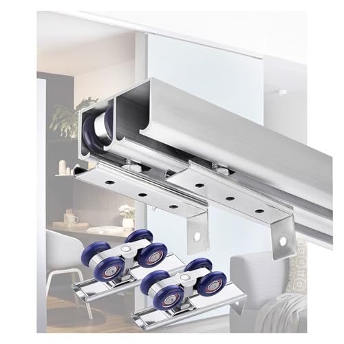 Kit de rieles para puertas corredizas de armario con doble bypass de 5, 6, 7, 8, 9 y 10 pies, con doble amortiguación bilateral de 4 ruedas Juego de rieles(Silver,8.1ft/247cm)