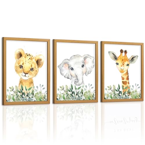 Image of Baby Safari Nursery Wall Decor - Set of 3 Pictures Cute Animal Wall Prints on Canvas Jungle Nursery Safari Decor gifts for Baby Boys and Girls Room, Framed Wall Art (11 x14inch)