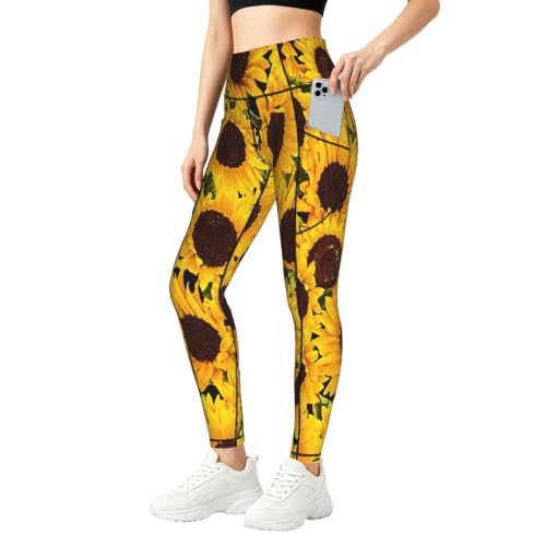 Pantalones de yoga contra el estrés diario: leggings de descanso con girasoles amarillos