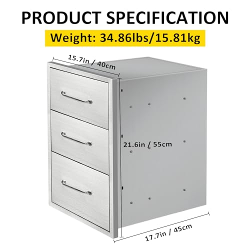 Image of Outdoor Kitchen Drawers 15.7 inch W x 21.6 inch H x 17.7 inch D Flush Mount Triple BBQ Drawers with Chrome Handle Stainless Steel Drawer for Outdoor Kitchen Island, Patio Grill Station