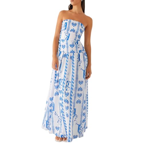 Image of Women Tube Top Maxi Dress Summer Strapless Backless Bodycon Long Bandeau Dress Elegant Off Shoulder A Line Dresses