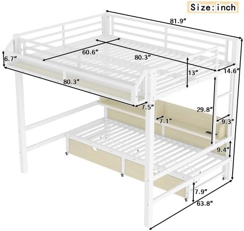 Bellemave Queen Over Queen Metal Bunk Bed with 2 Drawers, Shelves, LED Lights & USB Ports, the Lower Can be Converted into Sofa, Multifunctional Bunk Beds Frame for Kids Teens, White
