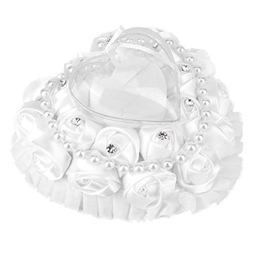 Wedding Ring Pillow, Heart-Shaped Ring Pillow Cushion Box with Ribbon Pearl Wedding Ceremony for Wedding Supplies Gift, 17x16cm - Thumbnail 3