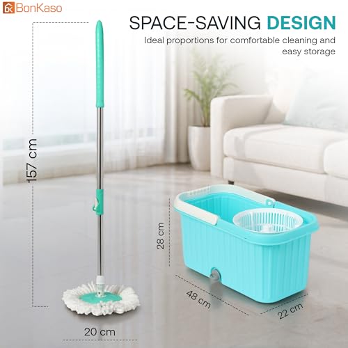 Image of BonKaso 360 Spin Square Mop Bucket Set for Floor Cleaning (Tiles, Marble & Wooden Floors) | Plastic Mop Bucket with Extendable Stainless Steel Handle & Removable Wringer | Microfiber Floor Cleaner