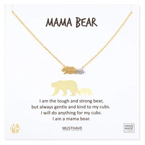 MUSTHAVE Mama Bear 18K Gold Plated Necklace With Message Card, Two Tone Yellow and White Color, Anchor Chain, Best Gift Necklace, Size 16 inch + 2 inch Extender, Gift Card (Yellow Gold) Cover