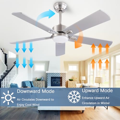 QUTWOB 52" Ceiling Fans with Light and Remote,Farmhouse 5 Blades Quiet Reversible DC Motor Ceiling Fans for Modern Indoor/Outdoor/Patio/Living Room/Bedroom(Silver/burlywood) thumbnail 3