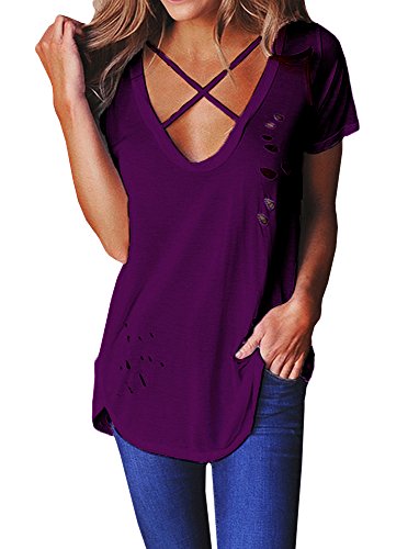 Imily Bela Women's Short Sleeve Cross Front Distressed Tee T Shirt (Large, Purple)