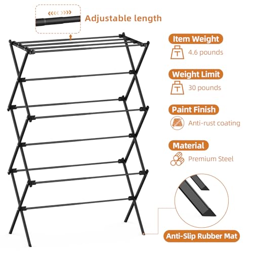 Drying Rack Clothing, 3-Tier Clothes Drying Rack Foldable, Antirust Laundry Drying Rack Collapsible Use for Indoor & Outdoor, 11.8" D x 34.6" W x 35.4" H, Black - Image 4