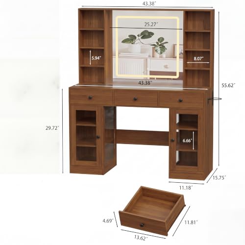 Image of Walnut Vanity Desk with Mirror and Lights, Glass Top Vanity with Lighted Mirror & RGB Cabinet and 3 Drawers, Dressing Table with 8 Shelves, Makeup Desk with Lights for Girls Bedroom, 3 Color Modes