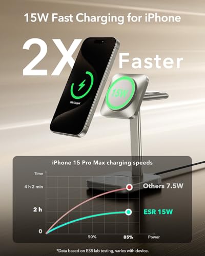 Image of ESR 3 in 1 Wireless Charging Station, [Certified] Apple Watch Charger & 15W MagSafe Charger Stand for iPhone, Wireless Charger for Multiple Devices iPhone 17-12&Watch&AirPods,Natural Titanium